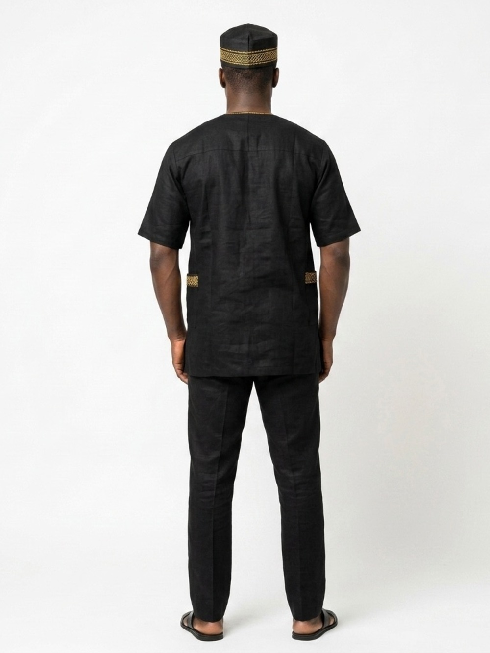 Men's Traditional African Dashiki Top Shirt and Kufi Hat Set Large Black Gold - Picture 2 of 14